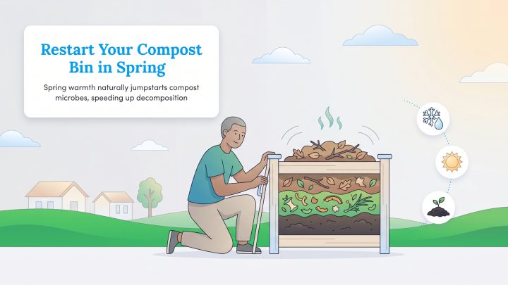Man checking active compost bin in spring landscape with title 'Restart Your Compost Bin in Spring'.