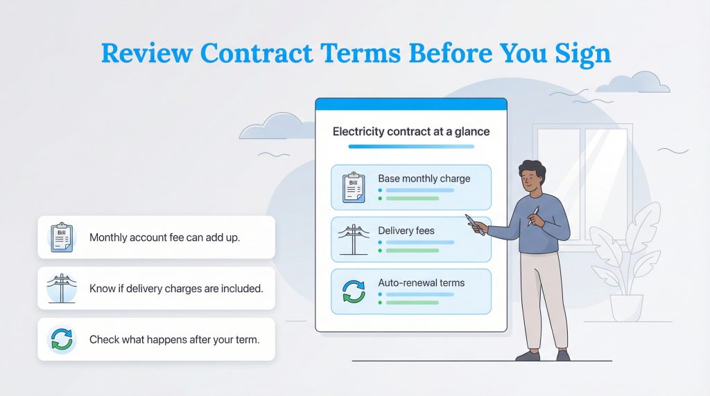 A man points to contract terms: base monthly charge, delivery fees, and auto-renewal terms.
