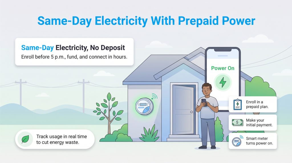 Infographic showing a man outside a house, activating electricity via a phone and smart meter with prepaid power steps.
