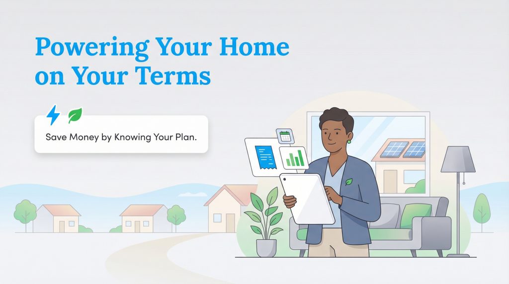 A person holds a tablet with utility charts in a home setting, with text about saving money on power plans.