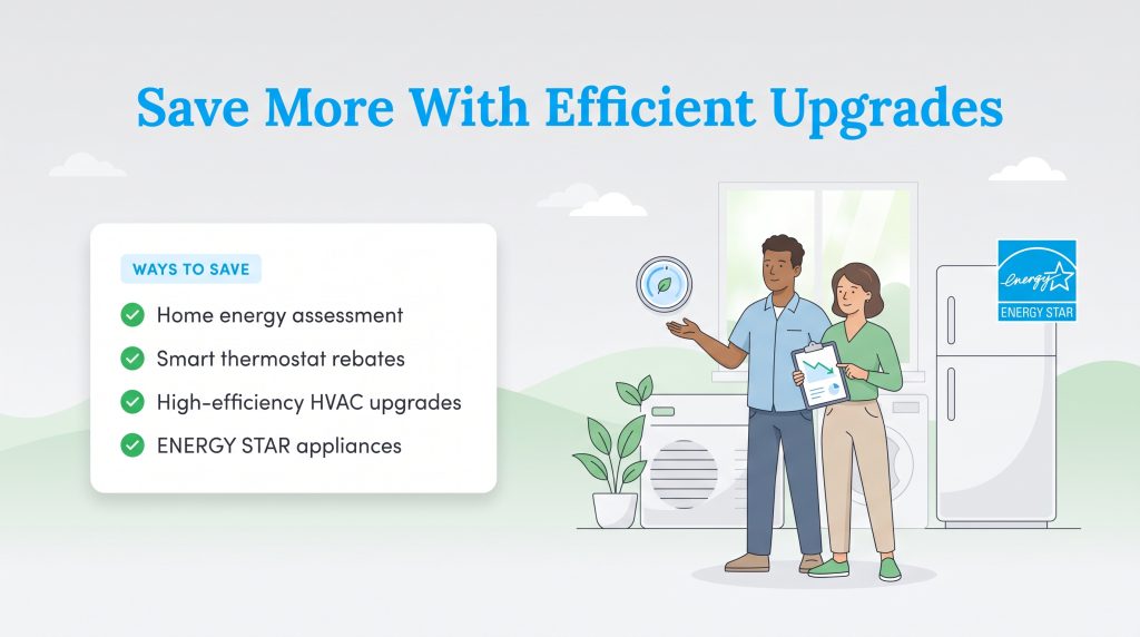 Illustration of a couple discussing energy-saving upgrades like smart thermostats and appliances.