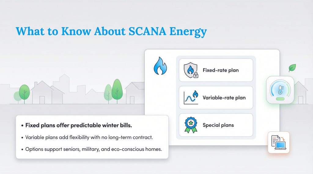 Infographic detailing SCANA Energy's fixed, variable, and special natural gas plans and their benefits.