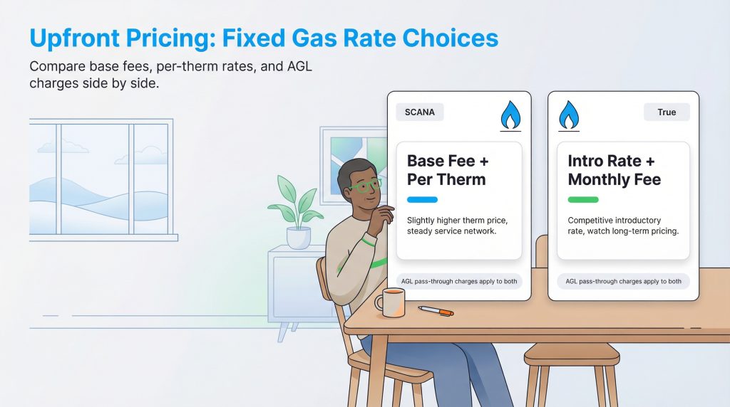 An illustration of a man comparing pricing cards for SCANA Energy and True Natural Gas.