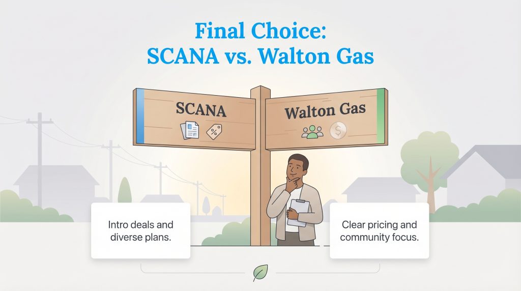 Person decides at a fork in the road: SCANA for intro deals and plans, Walton Gas for clear pricing and community.