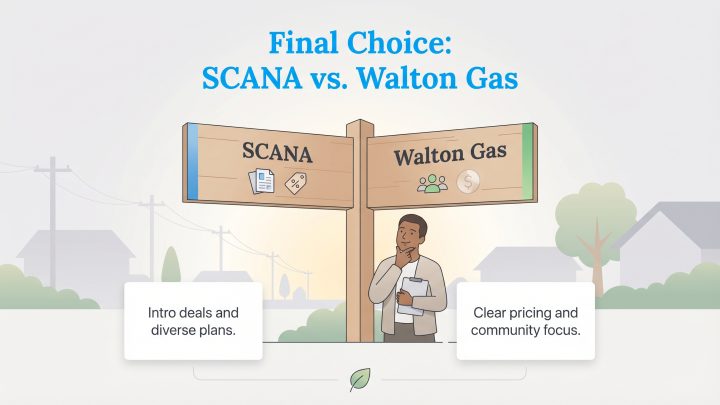 Person decides at a fork in the road: SCANA for intro deals and plans, Walton Gas for clear pricing and community.