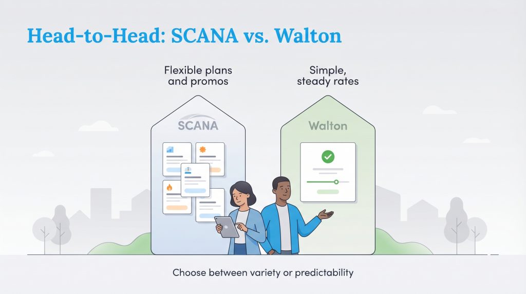 Illustration contrasting SCANA's flexible plans with Walton's simple, steady rates for two people.