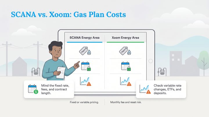 A man on a tablet compares SCANA Energy and Xoom Energy gas plan costs, including fixed and variable rates and fees.