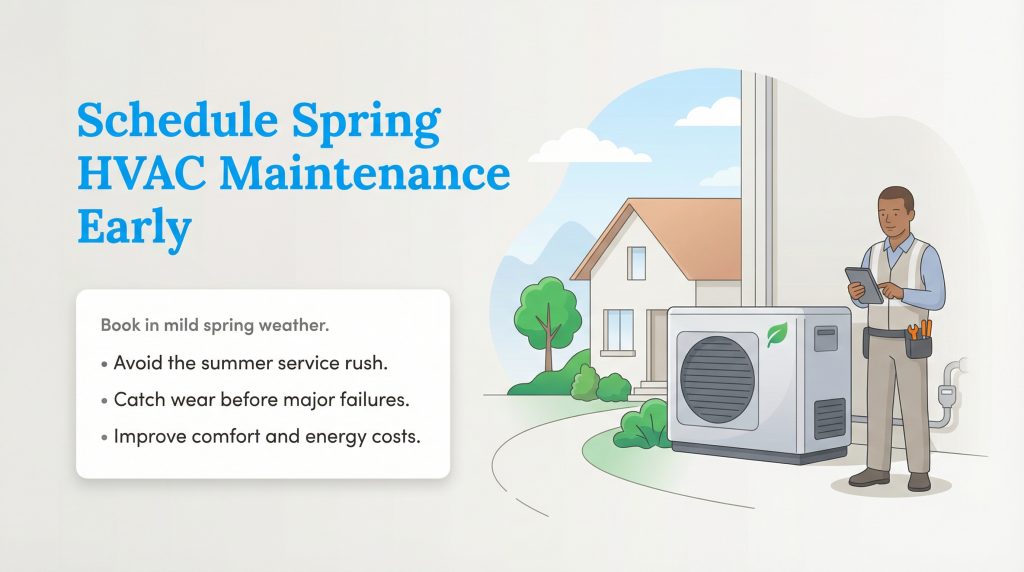 A technician checks an outdoor HVAC unit next to a house, with text listing benefits of scheduling spring maintenance early.