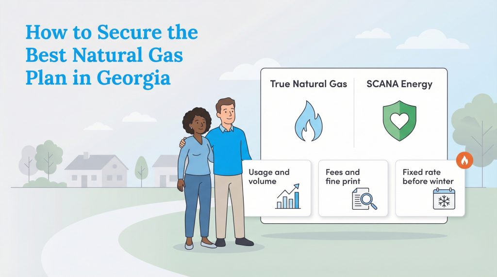 A couple in Georgia with a guide on how to secure the best natural gas plan, comparing providers.