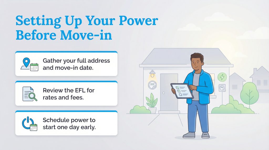 Infographic showing three steps to set up power before moving: gather details, review the EFL, and schedule the start date one day early.