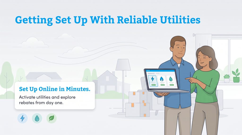 A couple sets up their household utilities online using a laptop in their new home.