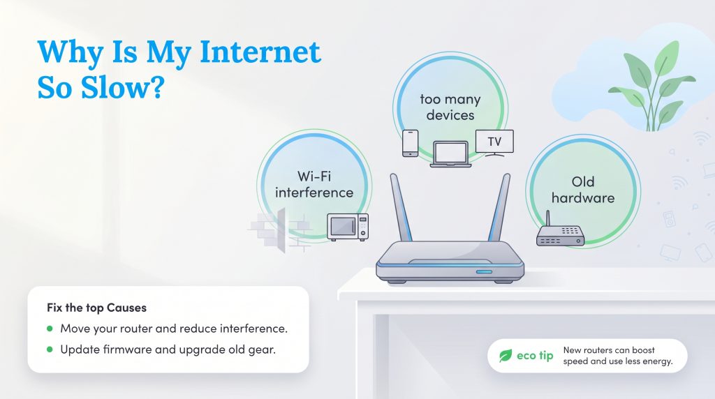 Infographic titled 'Why Is My Internet So Slow?' showing a router and three common causes.