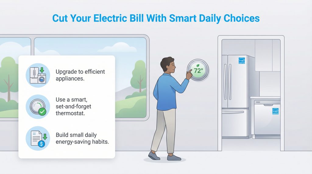 A person adjusts a smart thermostat in a home with energy-efficient appliances, next to a list of tips to cut electric bills.