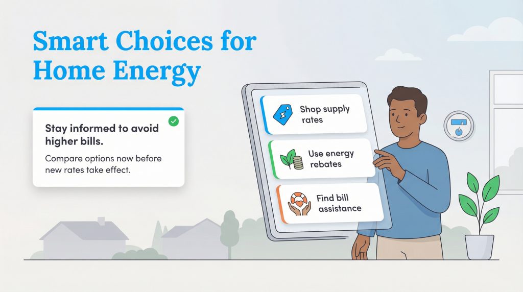 An illustration showing a man selecting home energy options: shopping rates, rebates, and assistance.