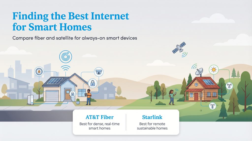 Infographic comparing AT&T Fiber for urban smart homes and Starlink for remote sustainable homes.
