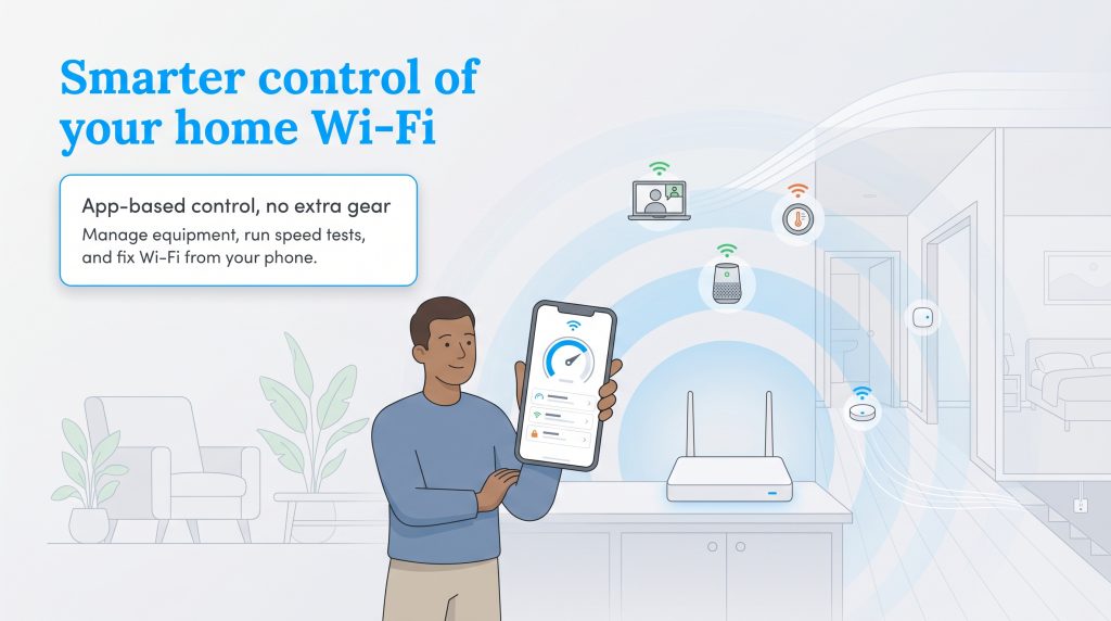 Man uses a phone app to manage a Wi-Fi router and connected smart devices in a home.