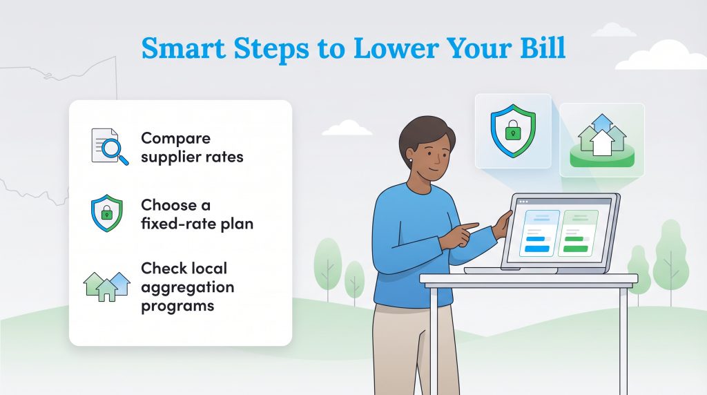 Infographic showing steps to lower energy bills: compare rates, fixed-rate plans, and aggregation.