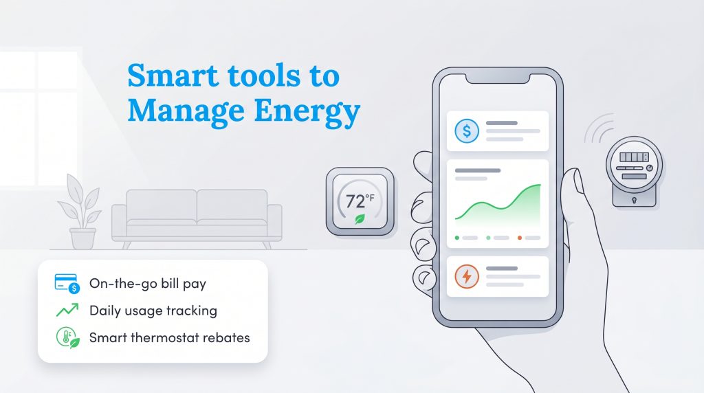 Illustration of a smartphone app, smart thermostat, and smart meter for managing home energy.