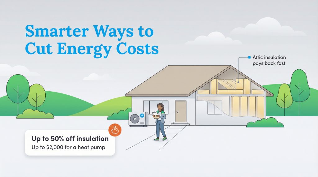 Illustration of a house with a heat pump and attic insulation, highlighting energy cost savings.
