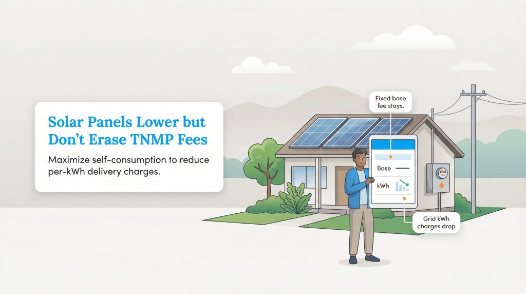 Infographic showing solar panels reduce but don't eliminate TNMP delivery fees, with fixed fees remaining.