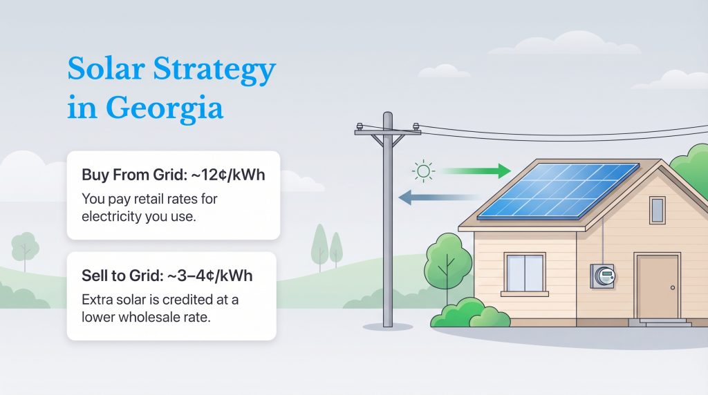 Infographic comparing Georgia's grid rates: buying is ~12¢/kWh, selling solar is ~3-4¢/kWh.