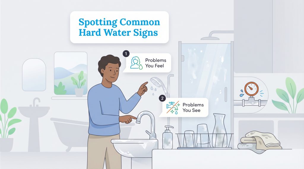 A person in a bathroom points to signs of hard water, categorized as problems you feel and problems you see.