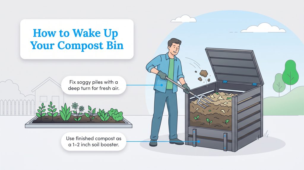 Illustration of a man turning compost with a pitchfork and a nearby garden bed, with instructional text.