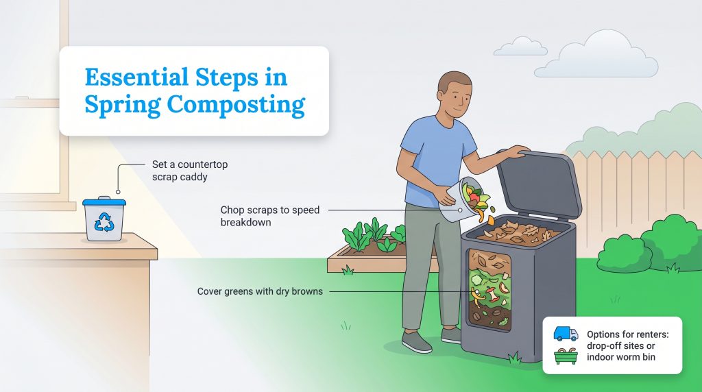 A man empties a kitchen caddy into a backyard compost bin, with labels showing composting steps.