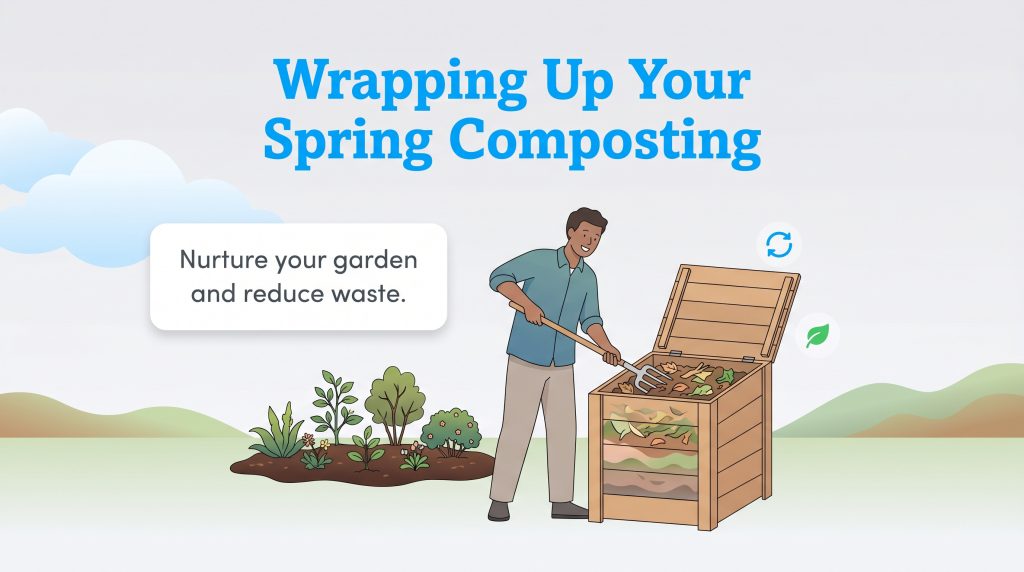 A man uses a pitchfork in a wooden compost bin beside a garden, with text Wrapping Up Your Spring Composting.