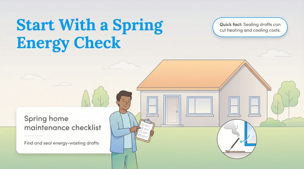Man holding a spring home maintenance checklist, with a diagram showing how to find drafts with incense.
