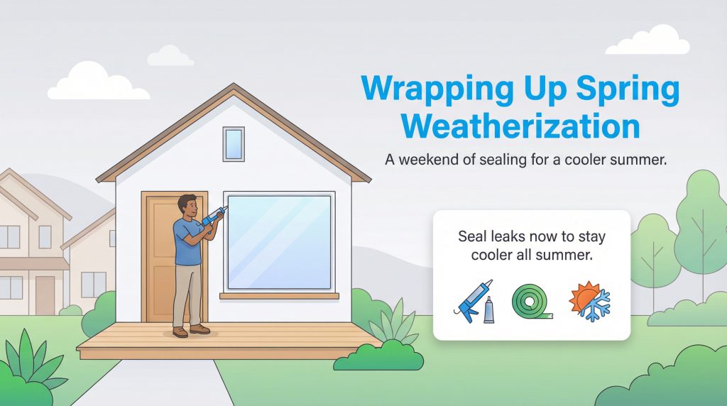 A man uses a caulk gun to seal a window frame on a house, illustrating spring weatherization tasks.