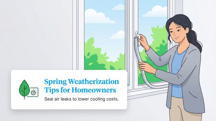 Woman sealing window frame next to text about spring weatherization tips for homeowners.