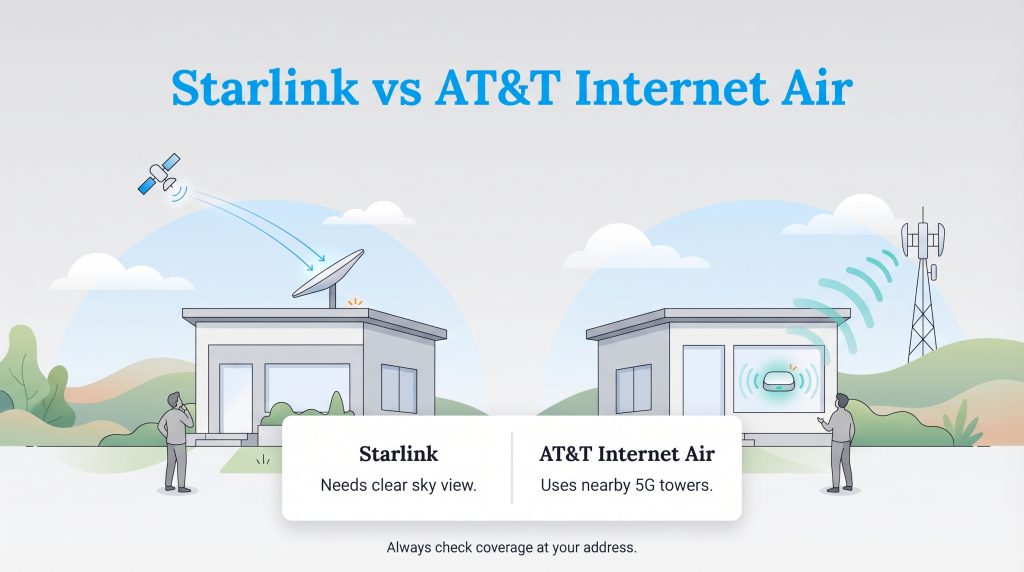 Infographic comparison: Starlink needs a clear sky view for satellites, while AT&T Internet Air uses nearby 5G towers.