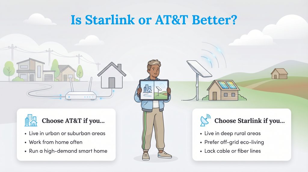 Infographic comparing AT&T for urban areas and smart homes versus Starlink for rural and off-grid living.