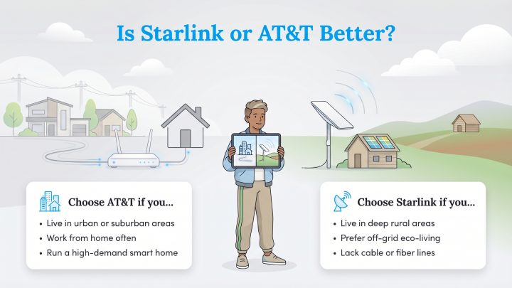 Infographic comparing AT&T for urban areas and smart homes versus Starlink for rural and off-grid living.