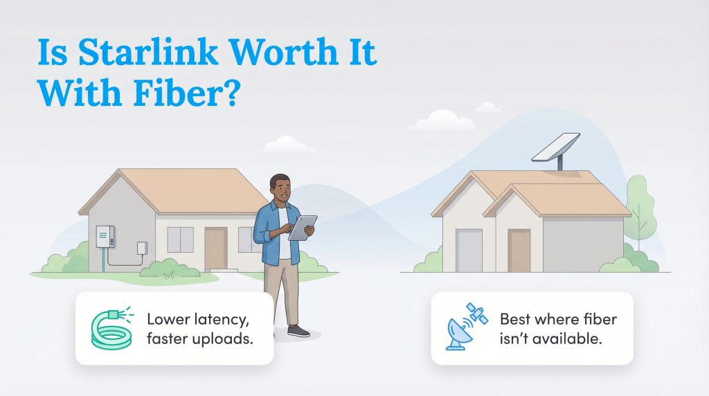 Illustration comparing fiber internet showing faster uploads to Starlink for areas without fiber.