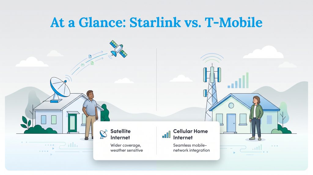 Illustration comparing Starlink satellite internet versus T-Mobile cellular home internet.