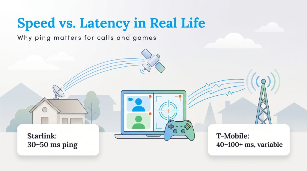 Infographic comparing Starlink and T-Mobile latency for calls and gaming, showing Starlink at 30-50 ms and T-Mobile at 40-100+ ms ping.