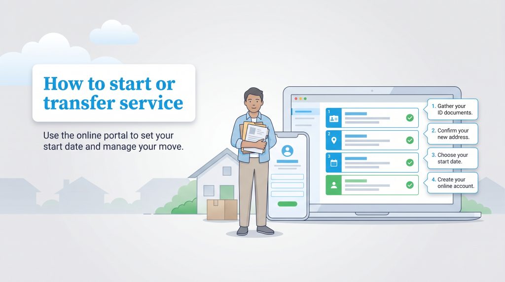 A man uses a laptop and phone portal to complete four steps for starting or transferring service.