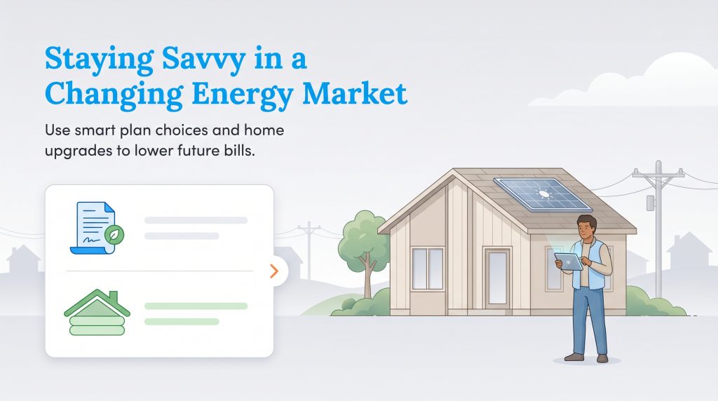 Man outside a solar home uses a tablet to view options for green energy plans and insulation upgrades.