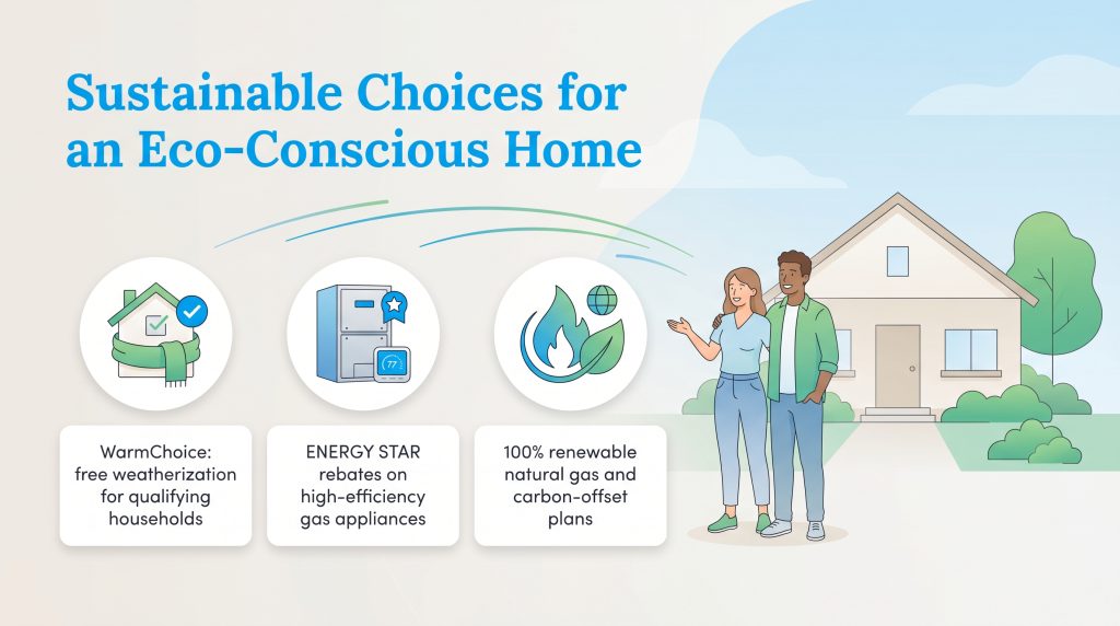Infographic titled Sustainable Choices for an Eco-Conscious Home showing WarmChoice, ENERGY STAR rebates, and renewable natural gas options.
