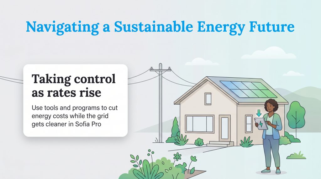 A woman outside a solar-powered home, using a tablet, with text about taking control as energy rates rise.