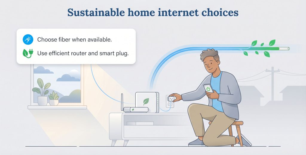 Illustration of a man using a smart plug for his router, with text about sustainable internet.