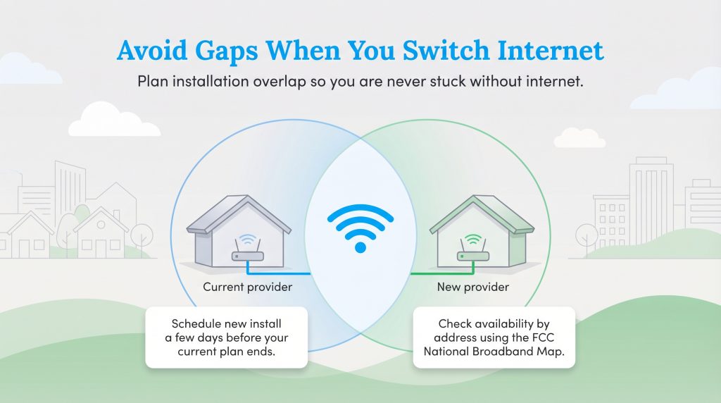 Illustration showing how overlapping internet provider schedules prevents service gaps during a switch.
