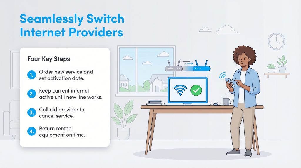 Illustration showing four key steps to seamlessly switch internet providers without losing service.