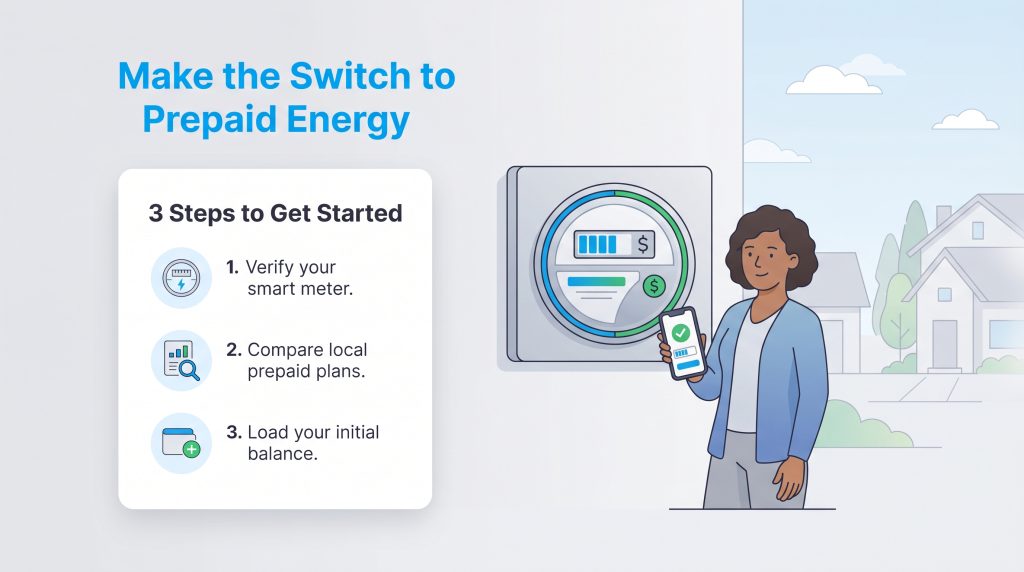 Infographic with a woman, a smart meter, and a three-step checklist for switching to prepaid energy.