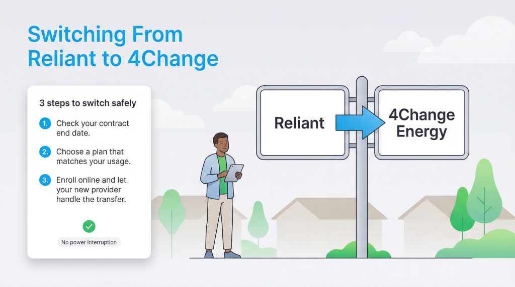 Guide showing three steps to switch from Reliant to 4Change Energy with no power interruption.