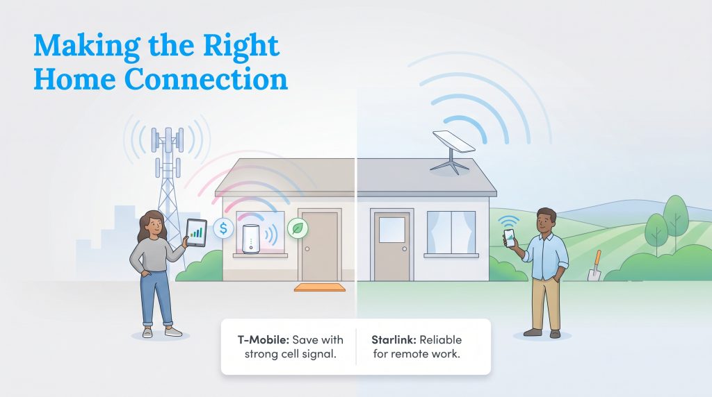 Illustration comparing T-Mobile and Starlink home internet options in urban and rural settings.