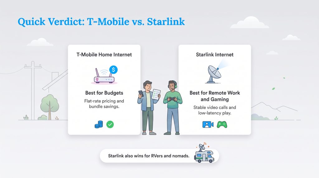 Infographic comparing T-Mobile Home Internet, best for budgets with flat-rate pricing, and Starlink, best for remote work and gaming with stable, low-latency connections. Starlink also wins for RVers.