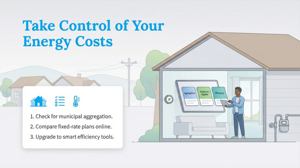 Infographic listing three steps to take control of energy costs: check municipal aggregation, compare plans, and upgrade to smart tools.